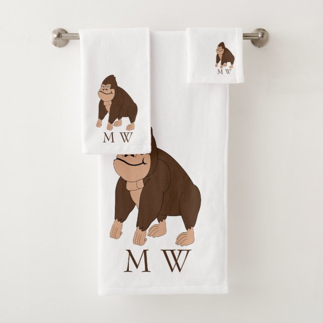 Brown Gorilla Design Monogrammed Bath Towel Set (Insitu)