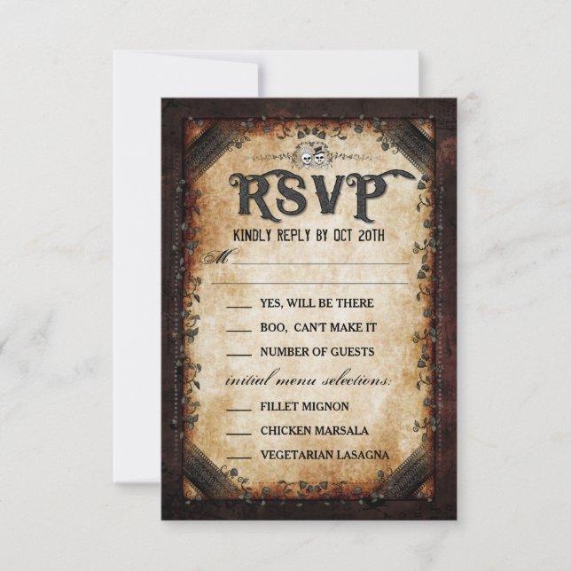 Brown Gothic Halloween Skeleton Matching MENU RSVP Invitation (Front)
