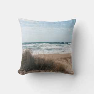 BROWN GRASS NEAR SEA UNDER BLUE SKY THROW PILLOW