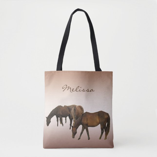 Brown Grazing Horses Animal Tote Bag (Front)