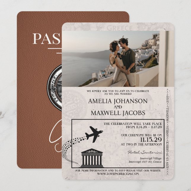 Brown Greece Passport Wedding Invitation (Front/Back)