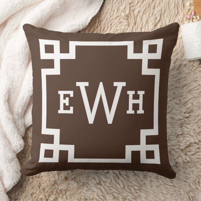 Brown Greek Key Custom Monogram Initials Throw Pillow (Blanket)