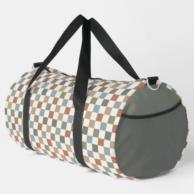 BROWN GREEN BLUE CHECKERBOARD PATTERNS DUFFLE BAG (Right Corner)