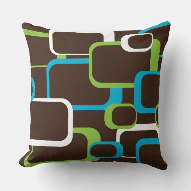 Brown Green Blue White Retro Squares Throw Pillow (Front)