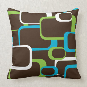 Brown Green Blue White Retro Squares Throw Pillow
