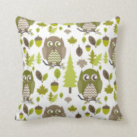 Brown + Green Chevron Owls Pillow