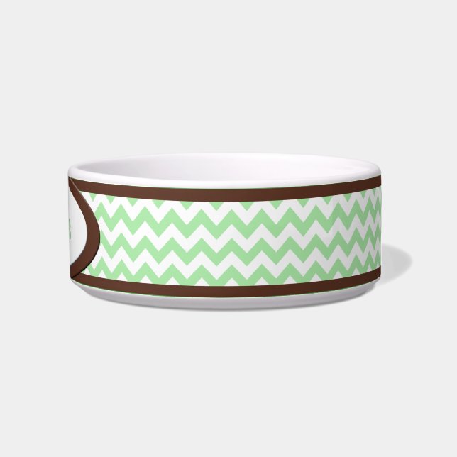 Brown & Green Chevron Personalized Cat Bowl (Right)