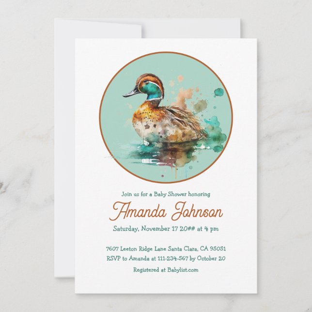 Brown Green Circled Frame Mallard Duck Baby Shower Invitation (Front)