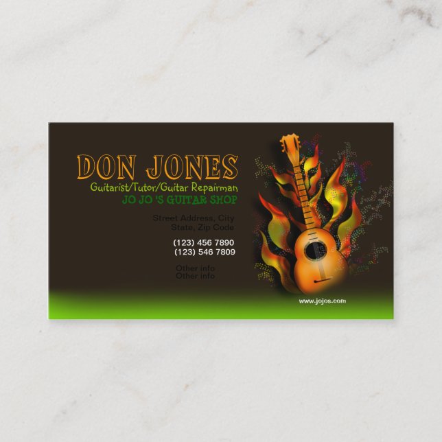 Brown Green Flamming Guitar Business Card (Front)