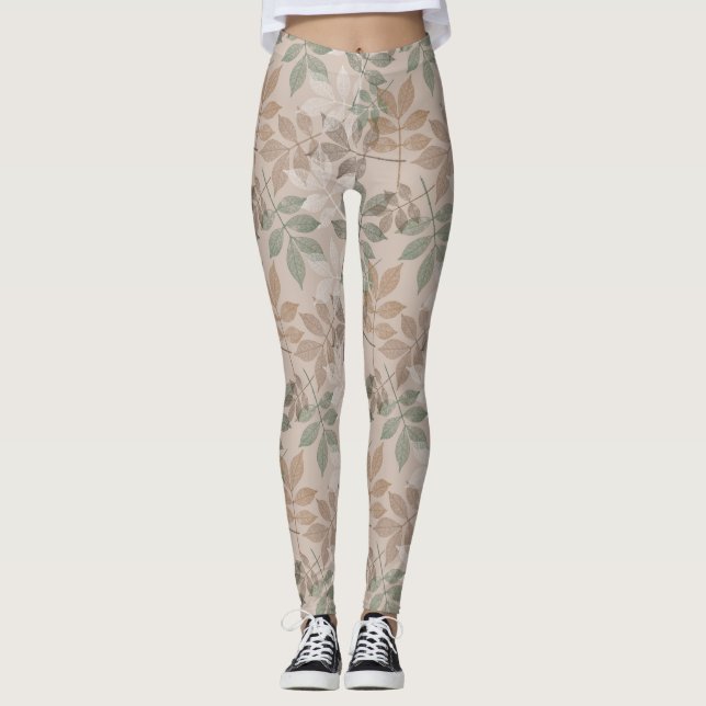 Brown Green Leaves Leggings (Front)