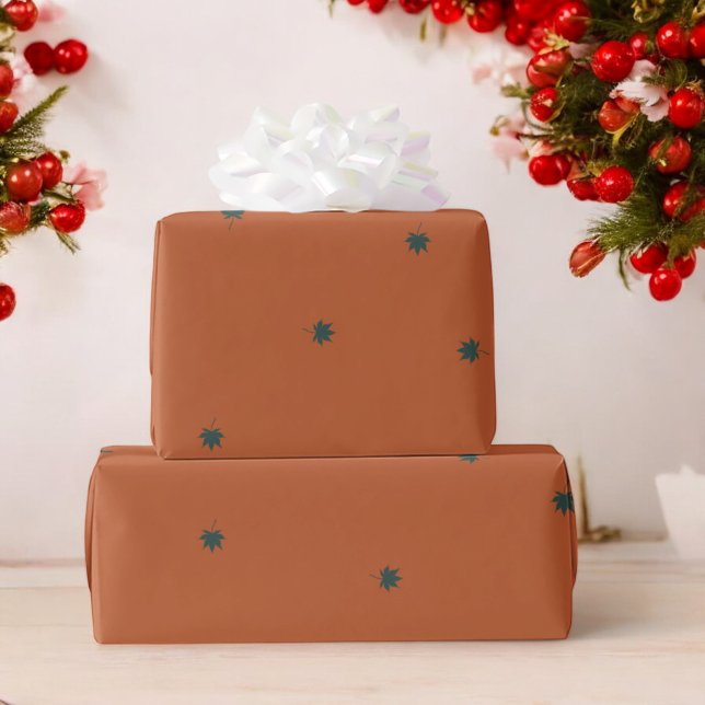 Brown Green Maple Leaf Holiday Gift Wrapping Paper (Creator Uploaded)
