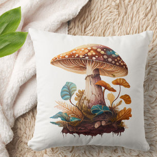 Brown Green Neutrals Woodland Mushroom Cute Rustic Throw Pillow