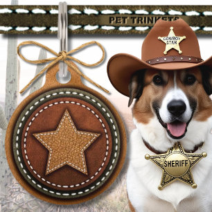 Brown Green Western Stitched Leather Star Pet Tag