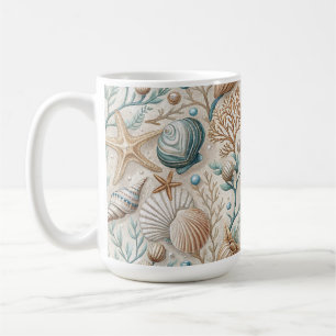 BROWN GREEN WHITE SEASHELLS AND AQUATIC FOLIAGE COFFEE MUG