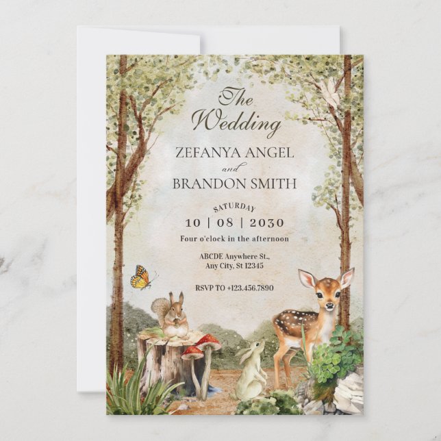 BROWN GREEN WOOD WILDLIFE NATURE WEDDING INVITATION (Front)