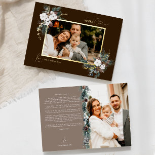 Brown Greenery Vintage Christmas Two Picture Foil Holiday Card