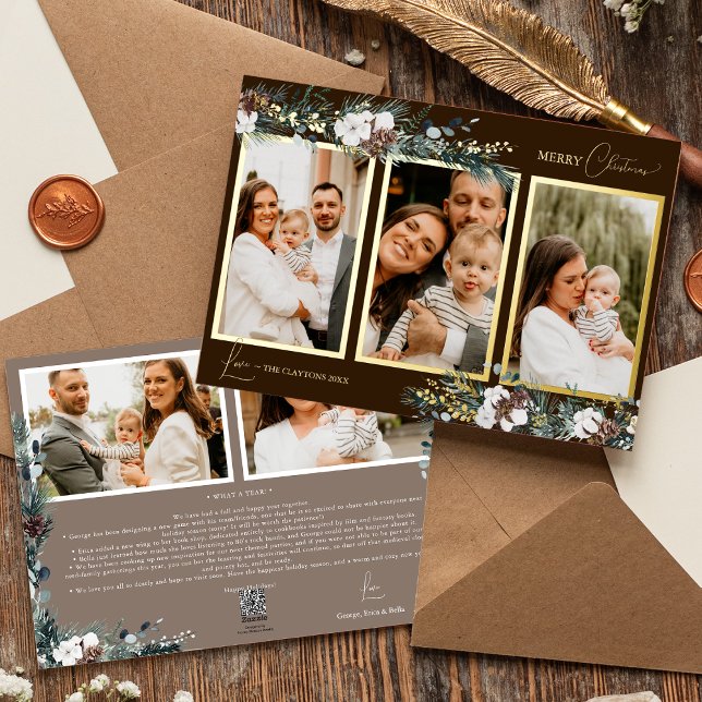 Brown Greenery Vintage Five Photo Collage Foil Holiday Card (Creator Uploaded)