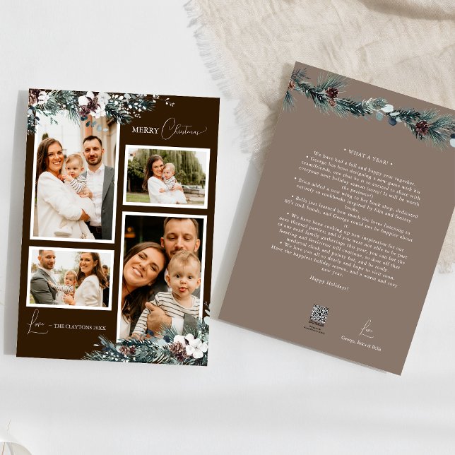 Brown Greenery Vintage Four Photo Collage Holiday Card (Creator Uploaded)