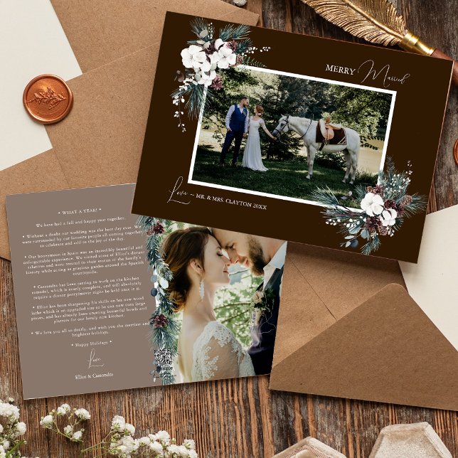 Brown Greenery Vintage Merry Married Photo Holiday Card (Creator Uploaded)