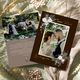 Brown Greenery Vintage Merry Married Portrait Foil Holiday Card