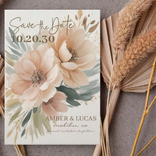 Brown Grey Boho Floral Leave Wedding Save the Date Invitation