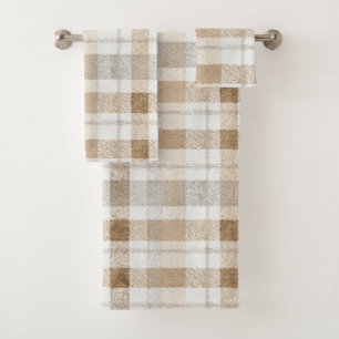 Brown Grey Cream Plaid Stripes Bath Towel Set