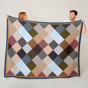 Brown Grey Dark Mauve Taupe Squares Mosaic Pattern Fleece Blanket