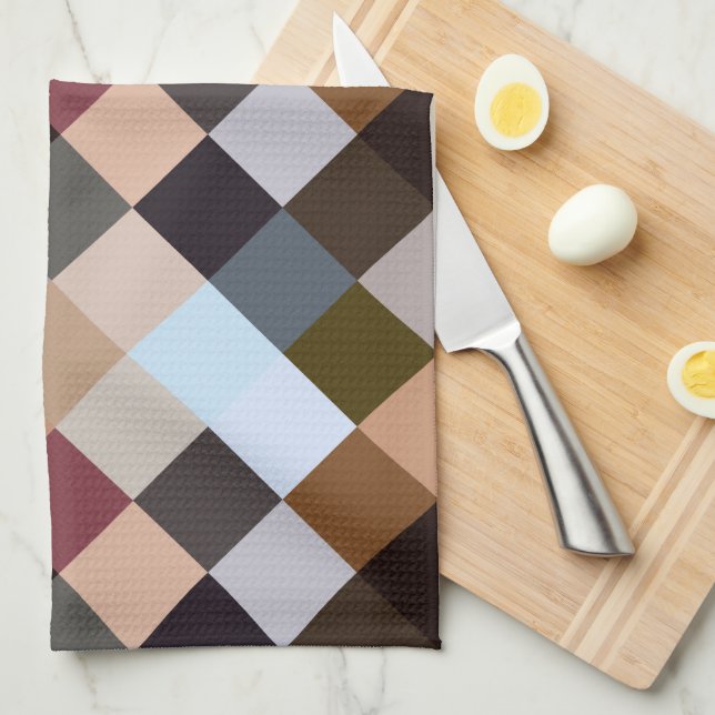 Brown Grey Dark Mauve Taupe Squares Mosaic Pattern Kitchen Towel (Quarter Fold)