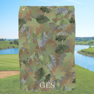Brown Grey Leaves Custom Monogram or Name Camo Golf Towel
