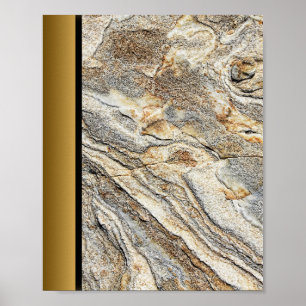 Brown Grey Marble Stone / Black Gold Border Art Poster