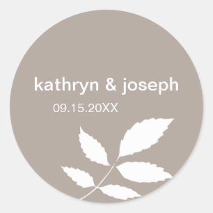 Brown grey modern leaves name wedding favour label
