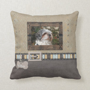 Brown Grey Pet Photo Striped Collar Name template Throw Pillow