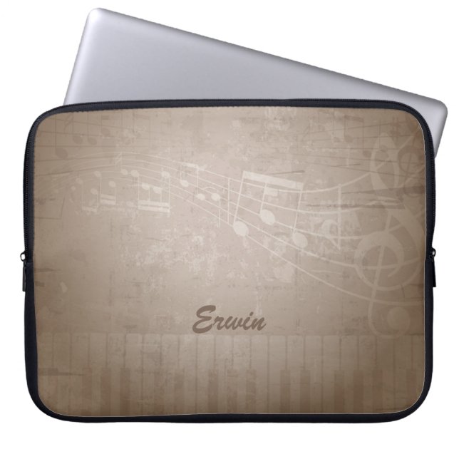 Brown Grunge Music Background and Custom Monogram Laptop Sleeve (Front)