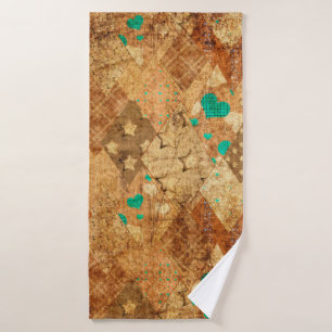 Brown grunge quilt patchwork pattern with stars an bath towel