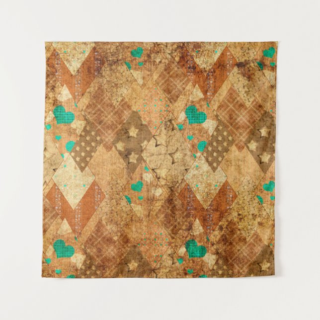 Brown grunge quilt patchwork pattern with stars an tapestry (Front)
