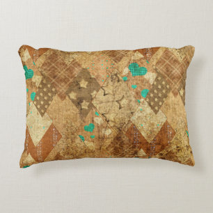 Brown Grunge Quilt Stars Hearts Accent Pillow
