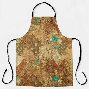 Brown Grunge Quilt Stars Hearts Apron