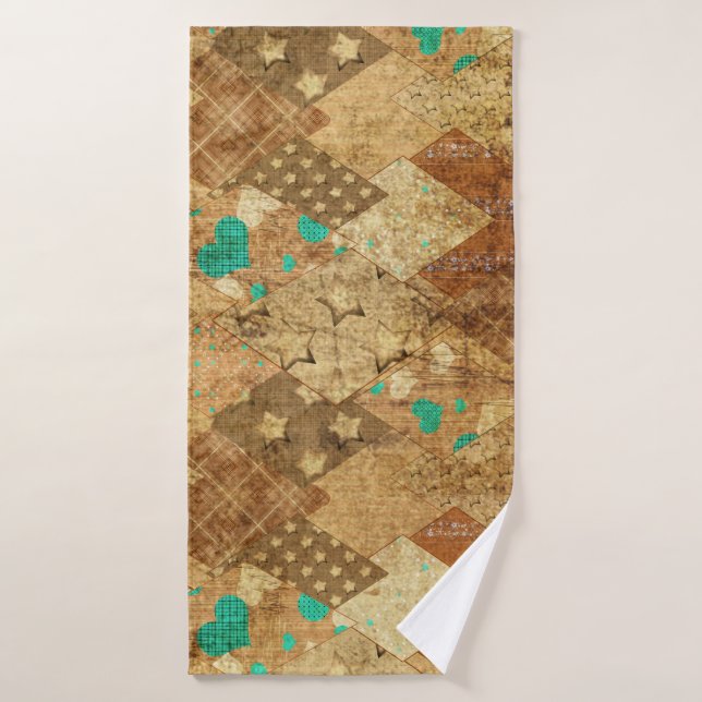 Brown Grunge Quilt Stars Hearts Bath Towel (Bath Towel)