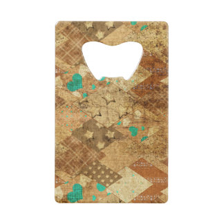 Brown Grunge Quilt Stars Hearts Credit Card Bottle Opener