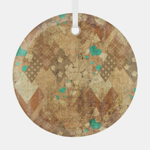 Brown Grunge Quilt Stars Hearts Glass Ornament