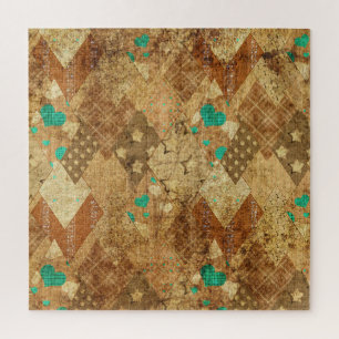 Brown Grunge Quilt Stars Hearts Jigsaw Puzzle