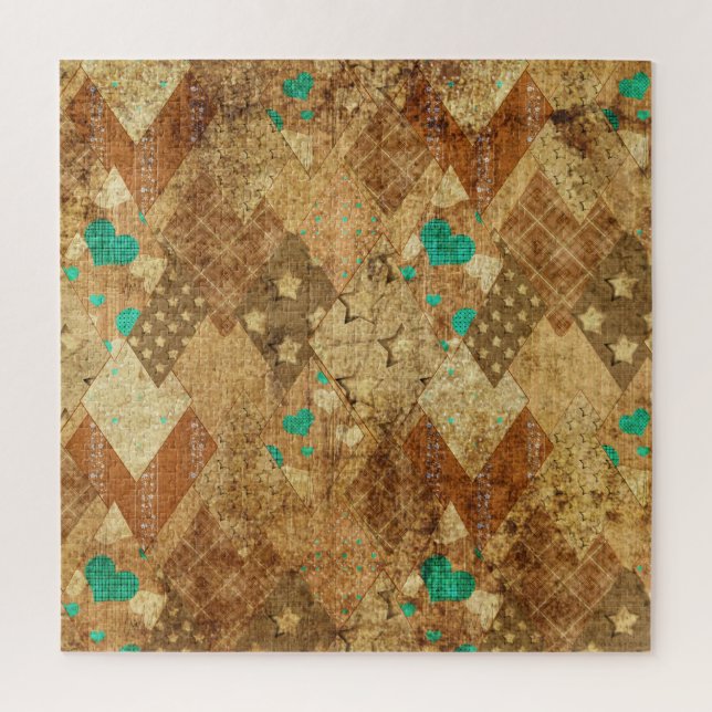 Brown Grunge Quilt Stars Hearts Jigsaw Puzzle (Vertical)