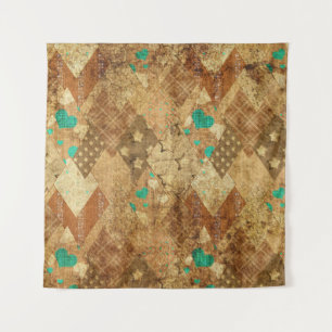 Brown Grunge Quilt Stars Hearts Tapestry