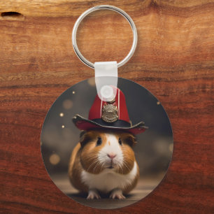 Brown Guinea Pig Wearing A Fireman's Hat, Keychain