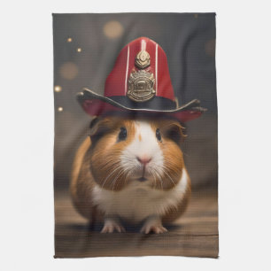 Brown Guinea Pig Wearing A Fireman's Hat, Kitchen Towel