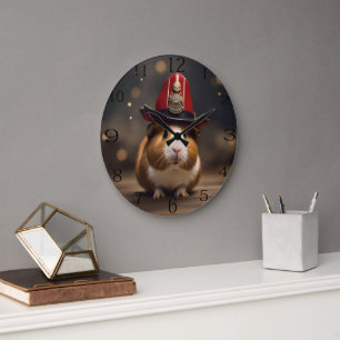 Brown Guinea Pig Wearing A Fireman's Hat, Large Clock