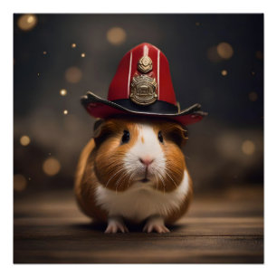 Brown Guinea Pig Wearing A Fireman's Hat, Poster