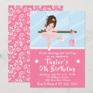 Brown Hair Ballerina in Pink Tutu Birthday Invitation