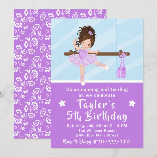 Brown Hair Ballerina in Purple Tutu Birthday Invit Invitation (Front/Back)