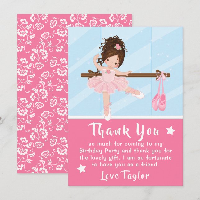 Brown Hair Ballerina Pink Birthday Thank You Card (Front/Back)